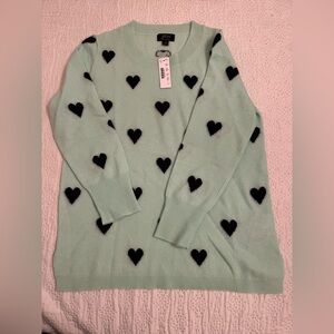 J. Crew Light Green Cashmere Sweater with Dark Heart Accents